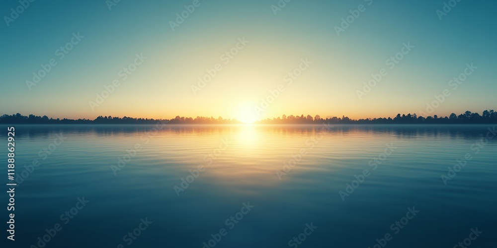 Fototapeta premium Serene Sunrise over Calm Lake with Misty Trees Peaceful Nature Landscape