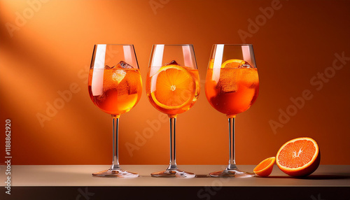 three glasses cocktail aperol spritz on minimalist orange background