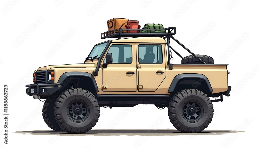 A rugged offroad SUV with oversized tires, equipped with camping gear on the roof rack. Perfect for outdoor adventures, showcasing durability and exploration spirit. A rugged offroad SUV with oversized tires, equipped with camping gear on the roof rack. Perfect for outdoor adventures, showcasing durability and exploration spirit.