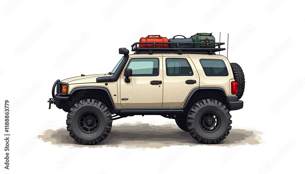 A rugged offroad SUV with oversized tires, equipped with camping gear on the roof rack. Perfect for outdoor adventures, showcasing durability and exploration spirit. A rugged offroad SUV with oversized tires, equipped with camping gear on the roof rack. Perfect for outdoor adventures, showcasing durability and exploration spirit.