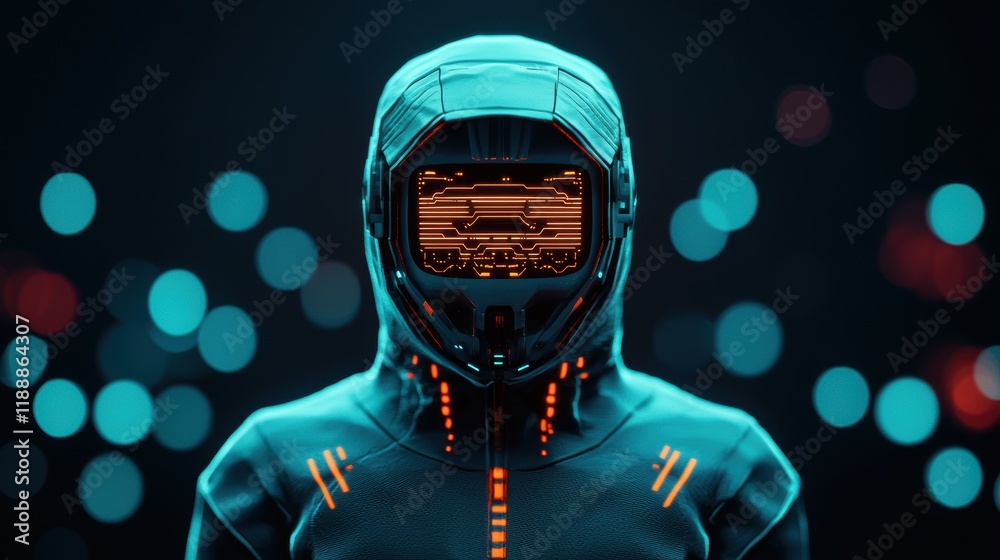 Futuristic Cyberpunk Character with Neon Lights and Tech Mask Futuristic Cyberpunk Character with Neon Lights and Tech Mask