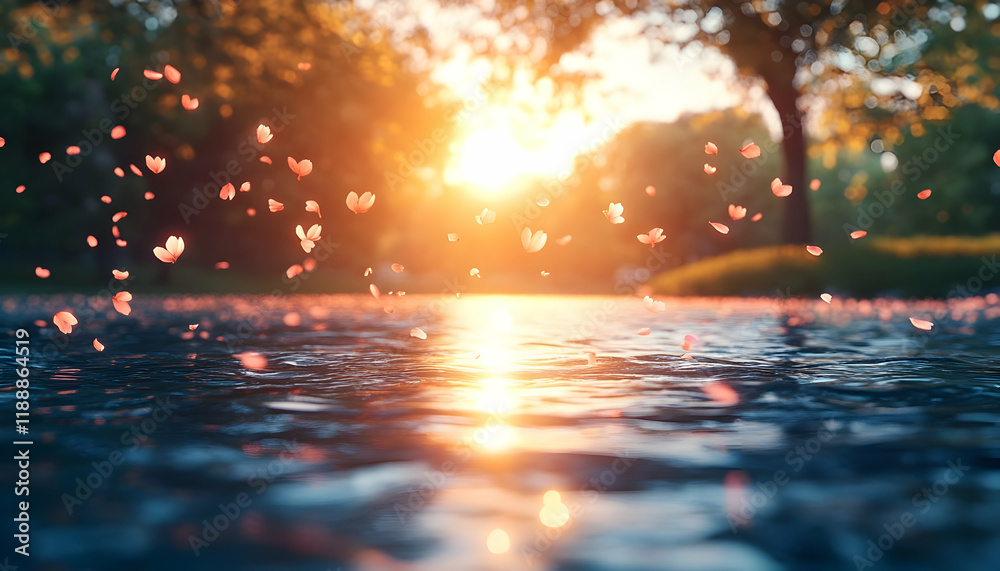 Sunset petals floating tranquil park water Sunset petals floating tranquil park water