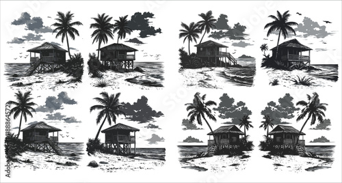 Tropical beach hut and palm tree vector silhouettes, Set of palm tree and beach hut silhouette, Tropical paradise vector silhouettes, Abstract beach huts and palm trees vector elements 