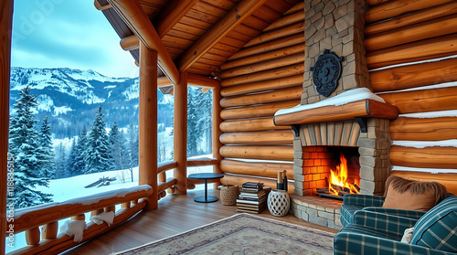 Cozy Log Cabin Getaway with Fireplace and Mountain View. Winter Wonderland Escape. Luxurious and Relaxing Home Interior Design. photo