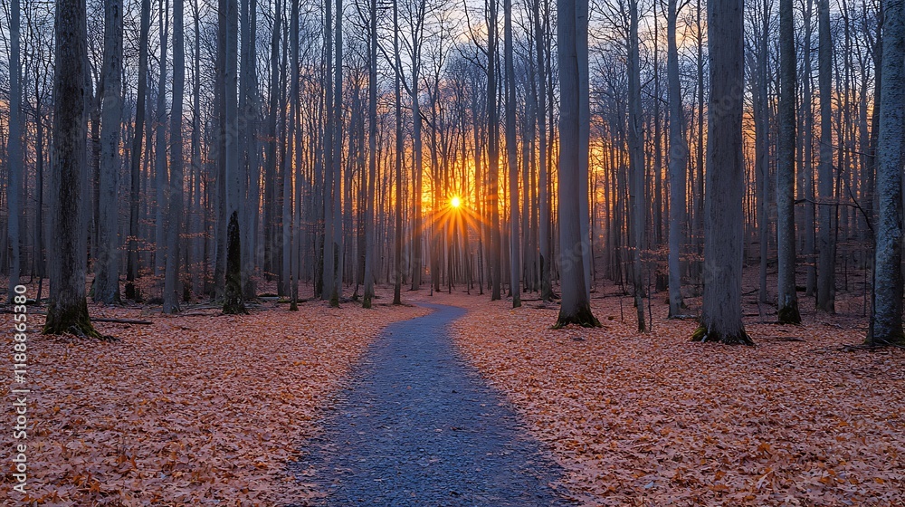 Naklejka premium Forest Path Sunset Autumn Leaves Golden Hour