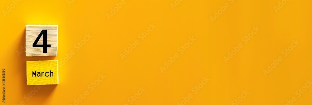 Obraz premium Date display with wooden blocks showing March 4 on a vibrant yellow background copy space.