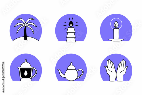 wellness and relaxation symbols, palm tree, lighthouse, candle, incense burner, teapot, praying hands, Minimalist icons, purple circular backgrounds, white silhouettes