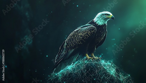 A majestic eagle perched on a glowing mountain digital wealth. photo