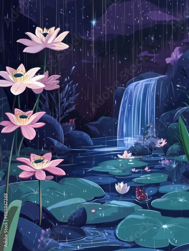 cartoon style of night dark ambient rain with flower and river illustration