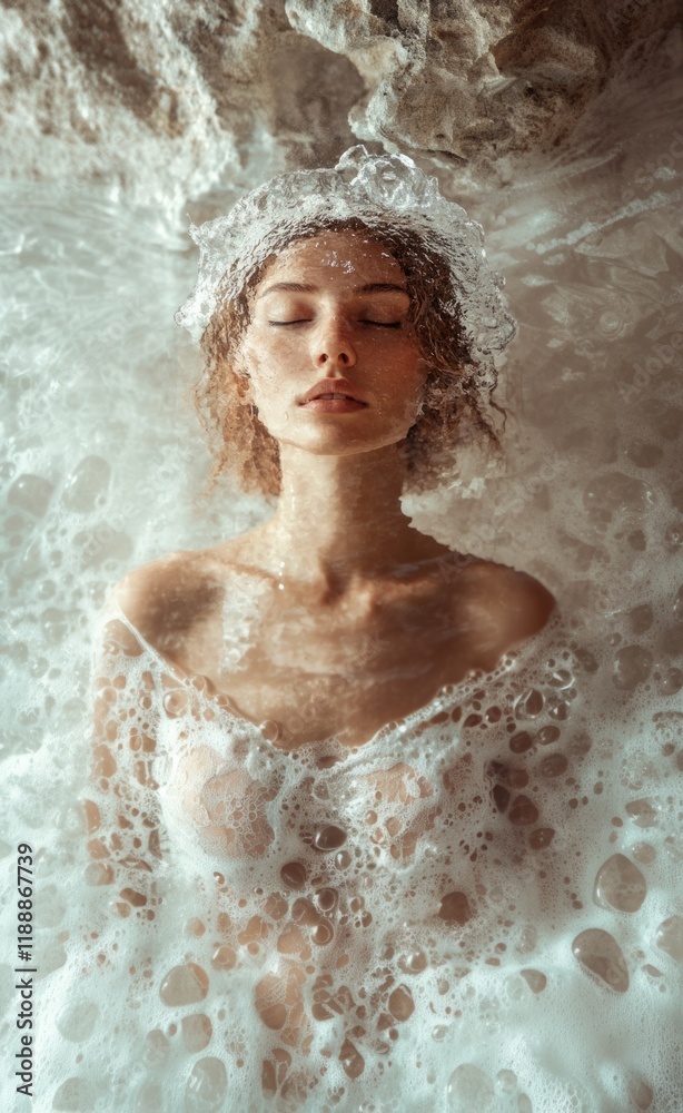 Obraz premium Relaxed Female Taking Bath With Foam Lying In Bathtub In Modern Bathroom Indoors. Woman Bathing Enjoying Bodycare Routine With Eyes Closed At Home. Spa And Wellness