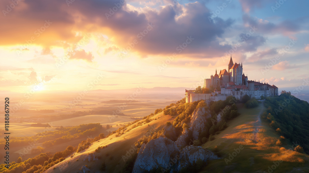 majestic castle on hill at sunset, surrounded by nature majestic castle on hill at sunset, surrounded by nature