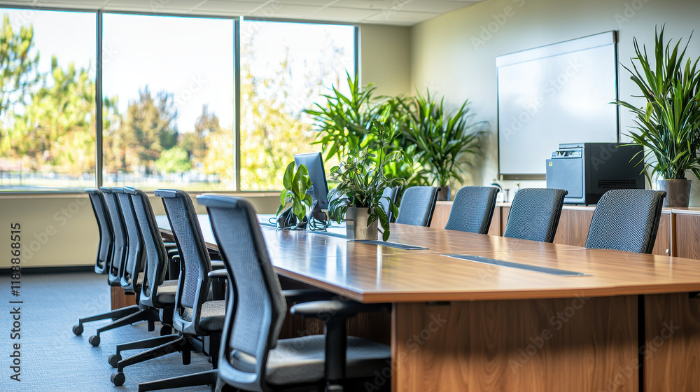 spacious conference room with large table, chairs, and plants spacious conference room with large table, chairs, and plants