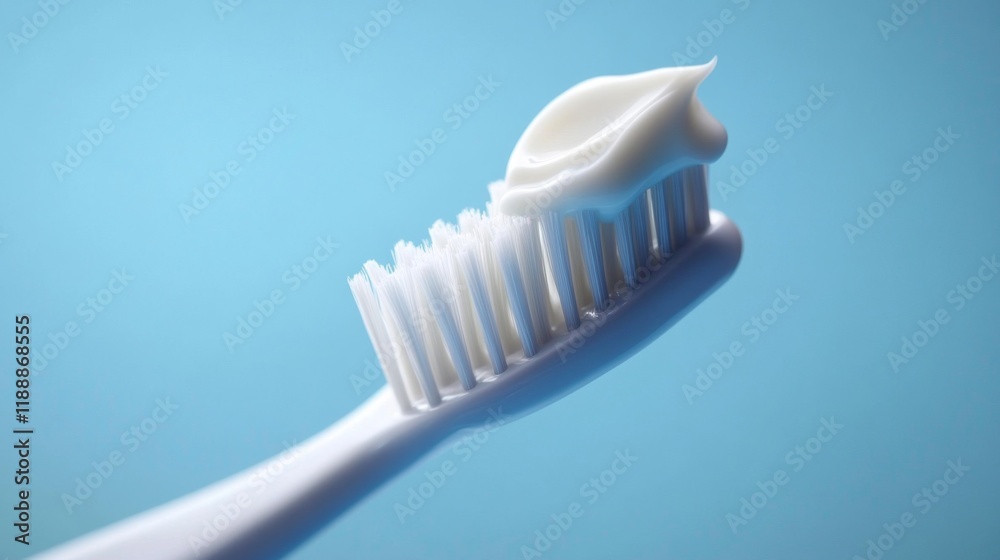 White toothpaste on a white toothbrush. Generative AI White toothpaste on a white toothbrush. Generative AI