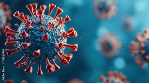 Close-up view of a coronavirus particle, showing its complex structure and spiked exterior.