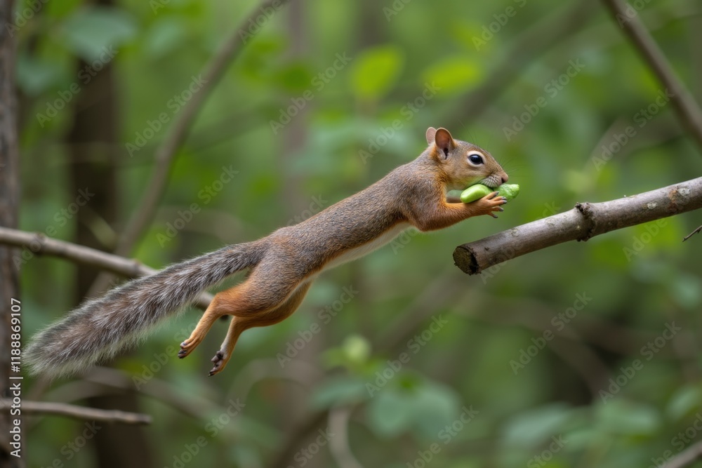 Squirrel in Mid-Jump with Green Object in Forest Squirrel in Mid-Jump with Green Object in Forest