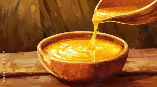 Golden liquid clarified butter ghee pours slowly into a small ceramic bowl on a rustic wooden table, highlighting its nutritional benefits for healthy paleo eating. illustration
