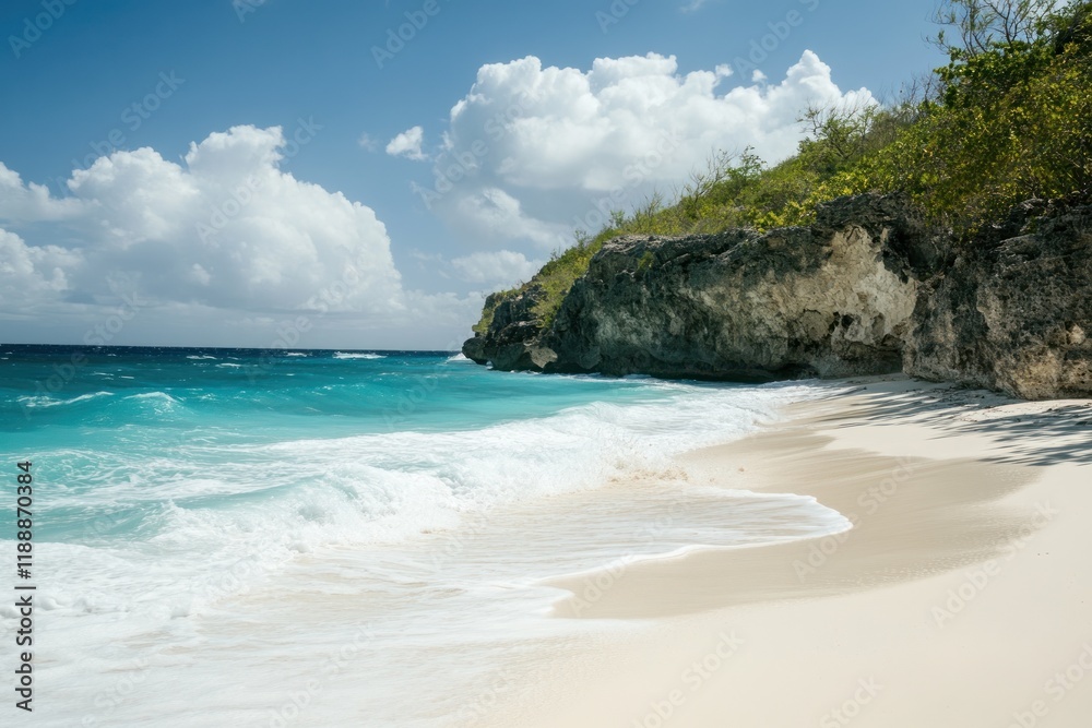 Tropical Beach Scene with Turquoise Water and Rocky Cliffs Tropical Beach Scene with Turquoise Water and Rocky Cliffs