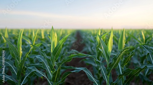 Lush green corn field at sunrise, rows of young corn plants. photo