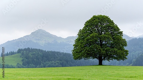 Lone tree on grassy field with mountain backdrop under cloudy sky.