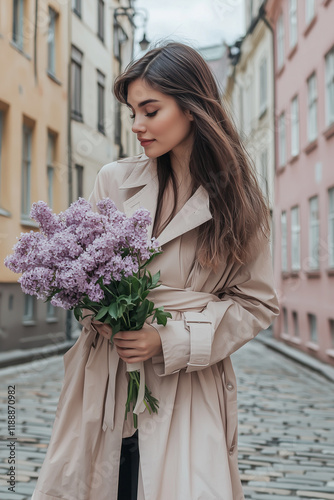 a stylish young woman holding a bouquet of lilacs, walking along a cobblestone street lined with pastel-colored buildings
