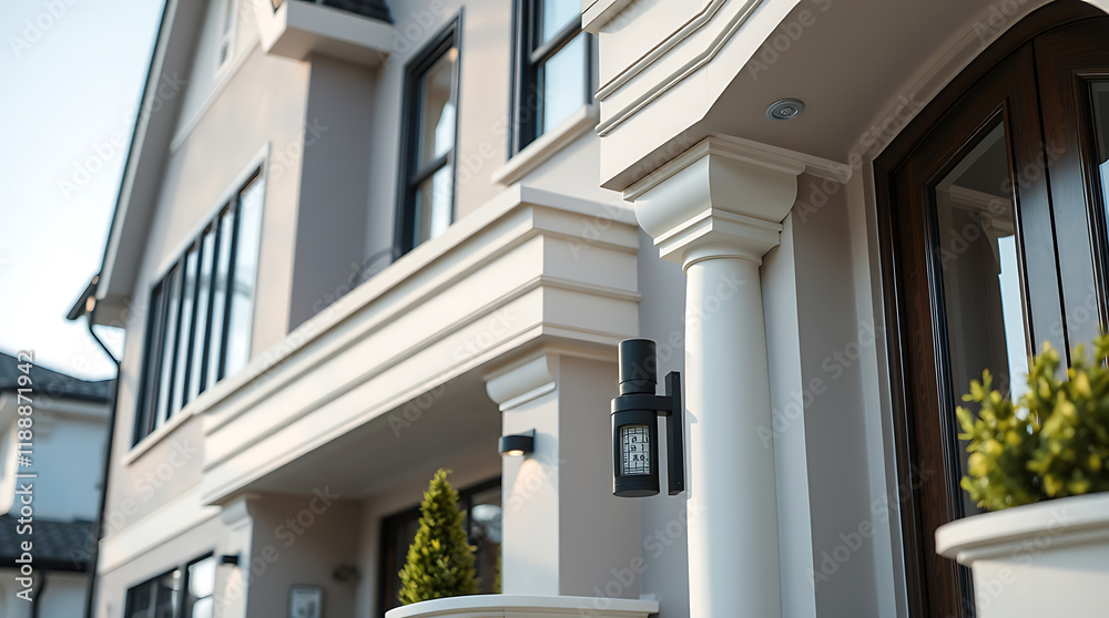 Fototapeta premium Luxury Home Exterior: Modern Architecture and Elegant Design. This stunning property boasts a classic facade, grand entrance, and meticulous landscaping. Discover the epitome of refined living.