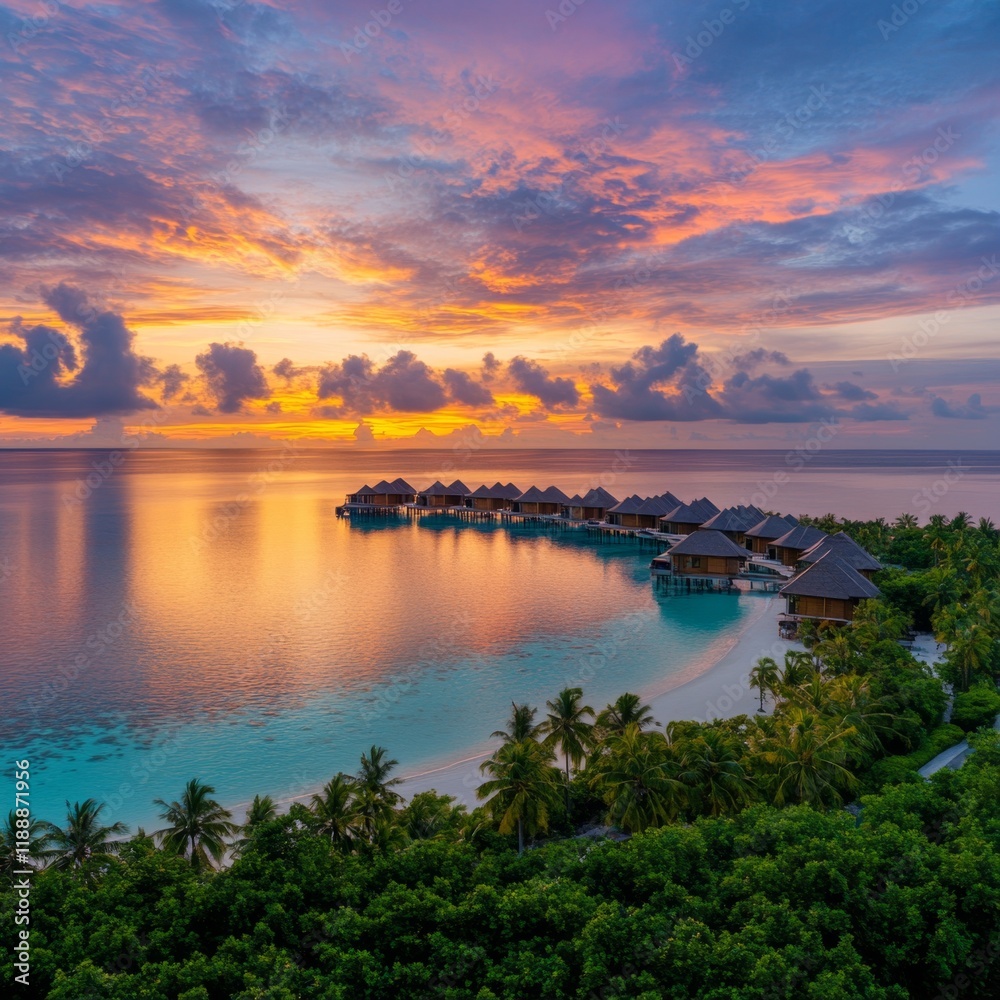 Fototapeta premium Maldives Sunset Overwater Bungalows Tropical Paradise