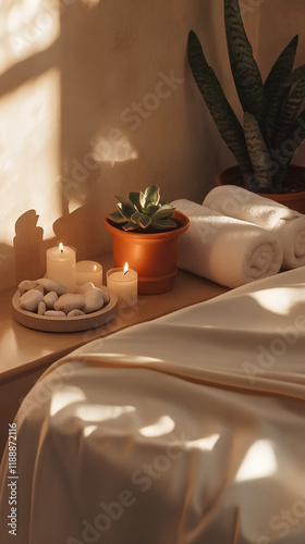 A tranquil spa area features soft lighting and natural elements, promoting relaxation and wellness. Plants and candles enhance the serene atmosphere, inspiring a balanced energy photo