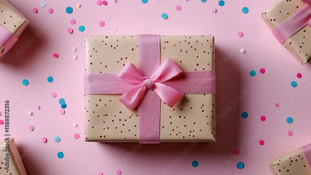 Decorative gift boxes unveiled on confetti background with elegant pink ribbons Decorative gift boxes unveiled on confetti background with elegant pink ribbons