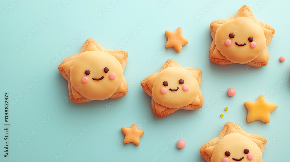 Cute star-shaped cookies decorated with smiling faces on a pastel blue background create a delightful dessert display. Funny star cookies, cookie characters Cute star-shaped cookies decorated with smiling faces on a pastel blue background create a delightful dessert display. Funny star cookies, cookie characters