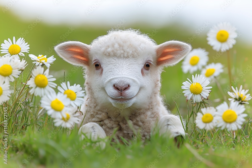 Obraz premium A cute lamb surrounded by cheerful daisies symbolizes the joy of spring and Easter celebrations, bringing warmth and happiness to the season.