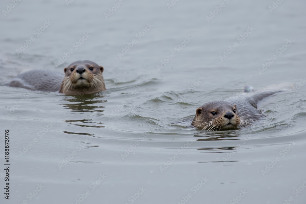Fototapeta premium Otters Swimming in Calm Water