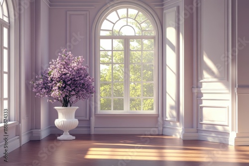 Sunlit interior with large window and elegant flower arrangement in white vase