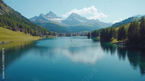 experience breathtaking vistas at silvaplana lake switzerland: explore swiss alps and picturesque village landscapes through stunning aerial views and serene reflections photo