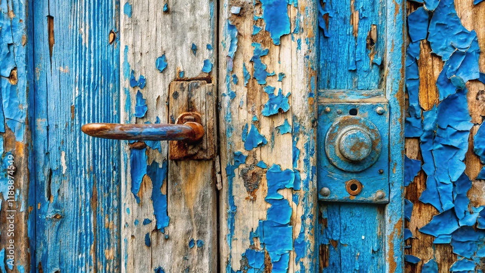 Weathered Blue Wooden Door with Metal Handle - Macro Detail Stock Photo Weathered Blue Wooden Door with Metal Handle - Macro Detail Stock Photo
