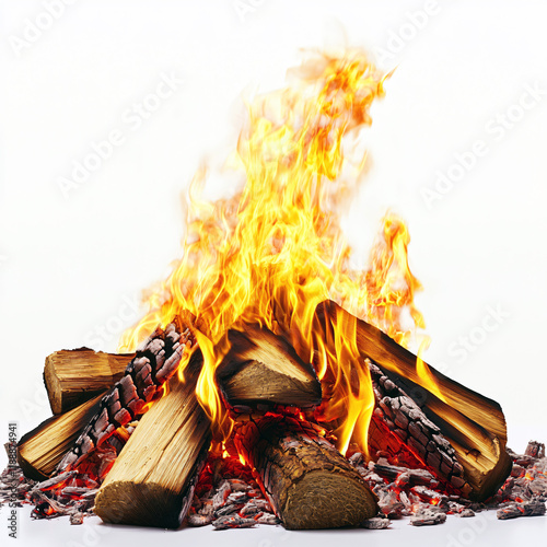 Illuminating Bonfire: Fiery Wood Embers Crackling on Pristine White heat light  