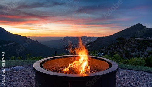 Wallpaper Mural a fire pit with a fiery glow against a mountain sunset Torontodigital.ca