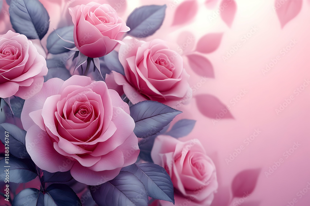 Fototapeta premium Pink roses bouquet, falling leaves, soft background, romantic design