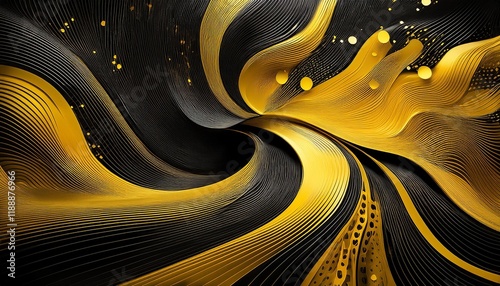 summary black and yellow history with dynamic flowing waves and scattered dotted styles the design creates a experience of motion and energy with vibrant accents