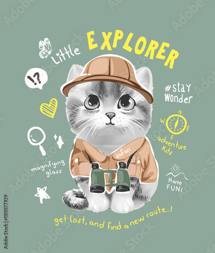 explorer slogan with cartoon kitten in safari uniform vector illustration