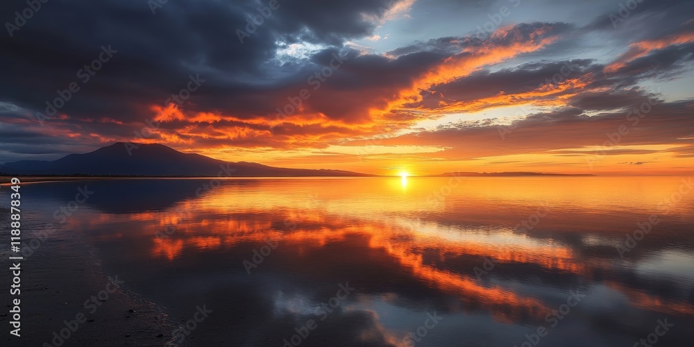 Stunning sunrise with volcanic clouds reflecting light, creating a beautiful sunrise scene on a northern shore, evoking the beauty of nature during this breathtaking sunrise moment. Stunning sunrise with volcanic clouds reflecting light, creating a beautiful sunrise scene on a northern shore, evoking the beauty of nature during this breathtaking sunrise moment.
