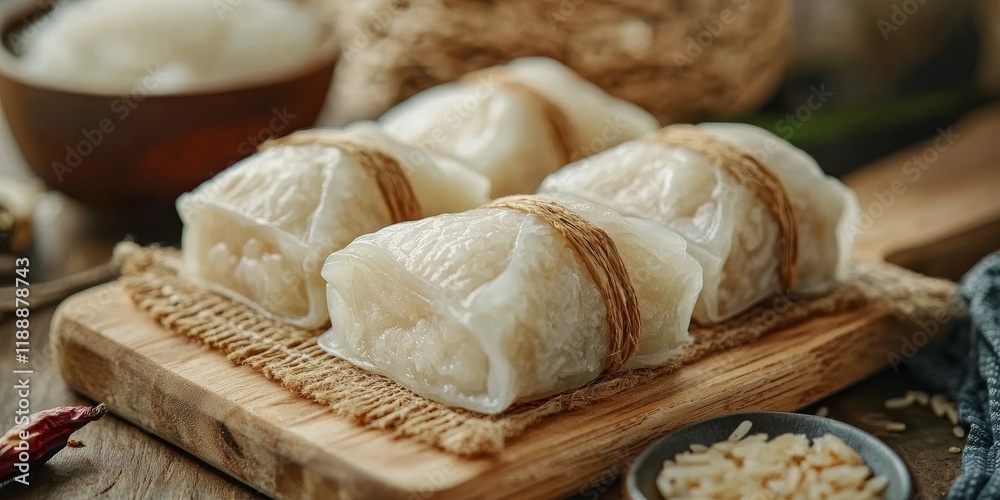 Fresh rice dumplings carefully wrapped and presented on a cutting board, showcasing the delightful appearance of these delicious rice dumplings that are ready to be enjoyed. Fresh rice dumplings carefully wrapped and presented on a cutting board, showcasing the delightful appearance of these delicious rice dumplings that are ready to be enjoyed.