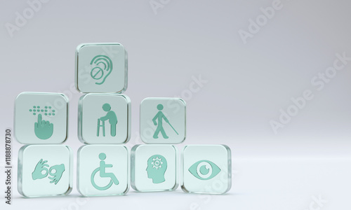 Disability icons on square glass cubes with copy space. 3D Rendering.
