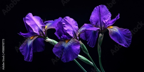 Vibrant purple iris blossoms elegantly displayed against a striking black background, showcasing the beauty and intricate details of the purple iris in a captivating manner.