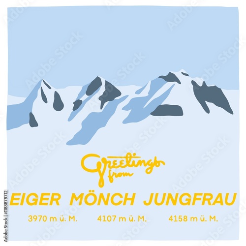 Greetings from Eiger, Mönch und Jungfrau - 4000er der Schweizer Alpen, handgezeichnet