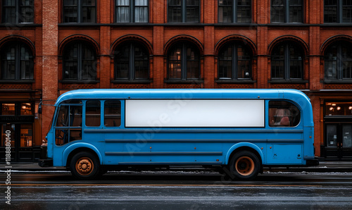 Blue bus ad, city street, blank billboard