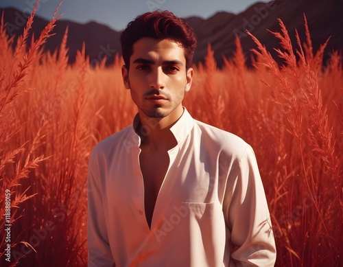 Cinematic still image glowing portrait in a surreal world with shining red grass, minimal soft studio light photography, fine art photo, dark red and white, minimal outfit, redscale color light scheme photo