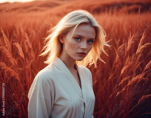 Cinematic still image glowing portrait in a surreal world with shining red grass, minimal soft studio light photography, fine art photo, dark red and white, minimal outfit, redscale color light scheme photo