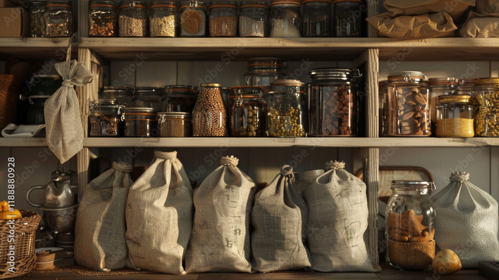 Zero-waste kitchen pantry with glass jars and reusable bags, illustrating sustainable food storage. Zero-waste kitchen pantry with glass jars and reusable bags, illustrating sustainable food storage.