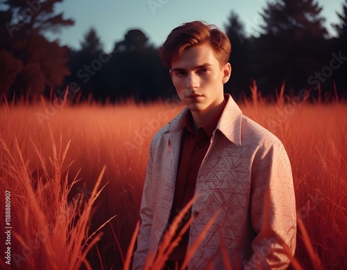 Cinematic still image glowing portrait in a surreal world with shining red grass, minimal soft studio light photography, fine art photo, dark red and white, minimal outfit, redscale color light scheme photo