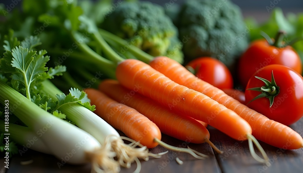 An assortment of fresh vegetables including carrots, broccoli, green onions, tomatoes, and leafy greens An assortment of fresh vegetables including carrots, broccoli, green onions, tomatoes, and leafy greens